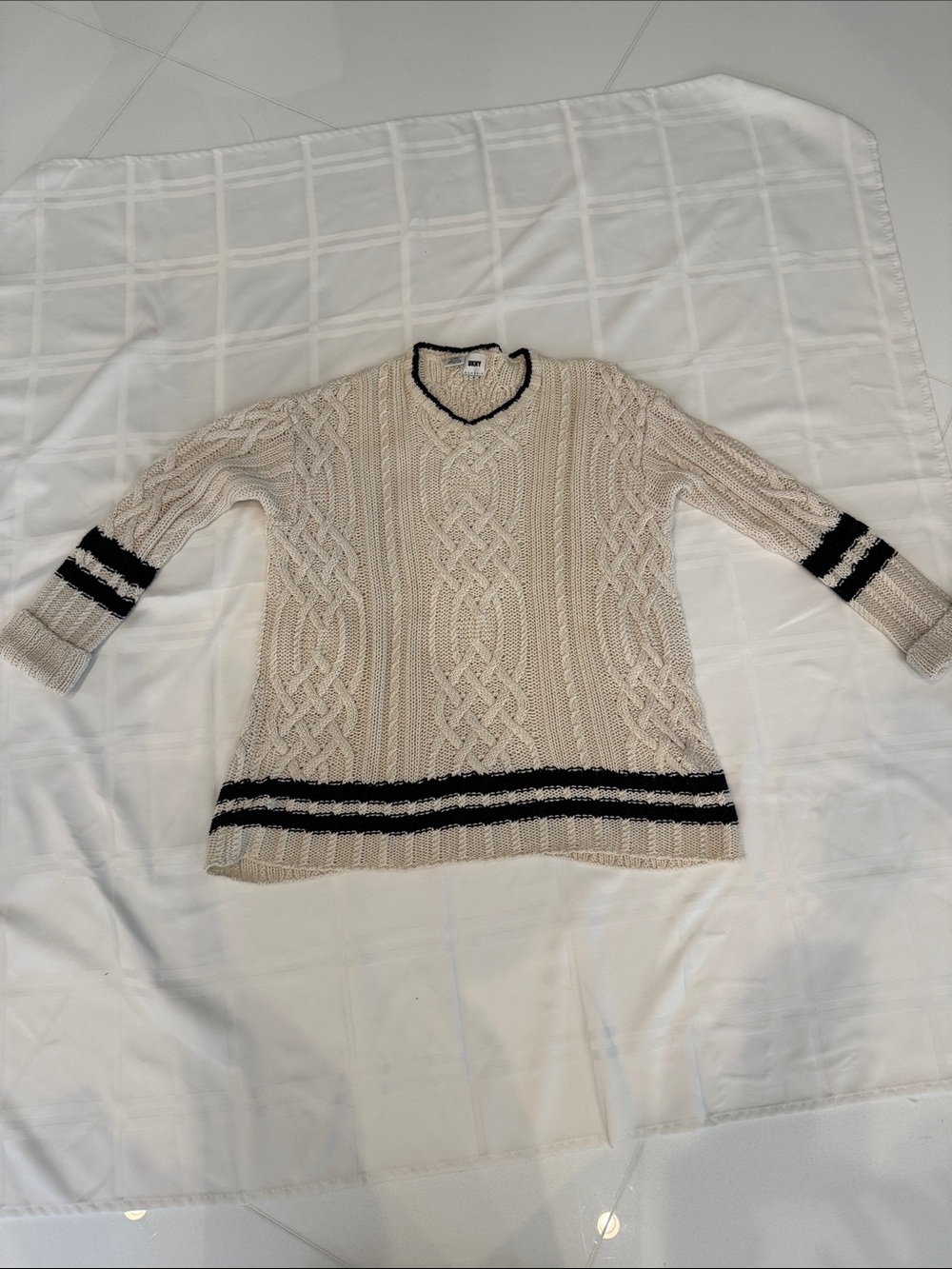 DKNY Cream Cable-Knit Sweater with Black Striped Trim